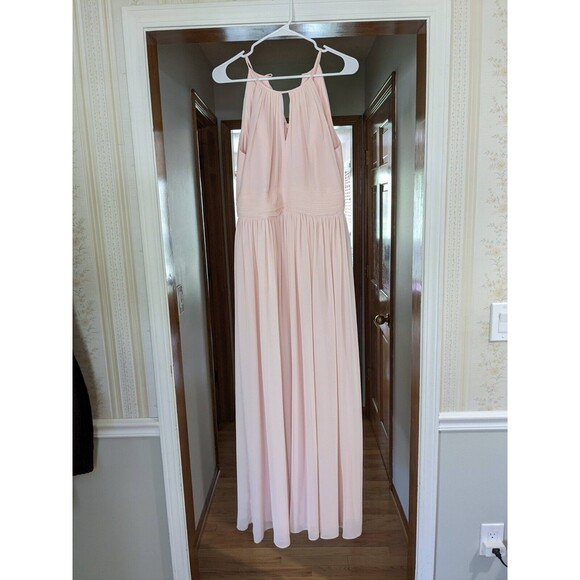Bill Levkoff #Levkoff Keyhole Neck Chiffon Gown Bridesmaid Maxi Dress Pink 12 - Picture 1 of 12